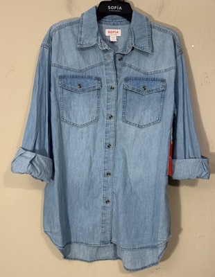 Sofia Vergara Boyfriend Oversized Tunic Shirt S(4-6) Lt Wash Denim Chambray NEW