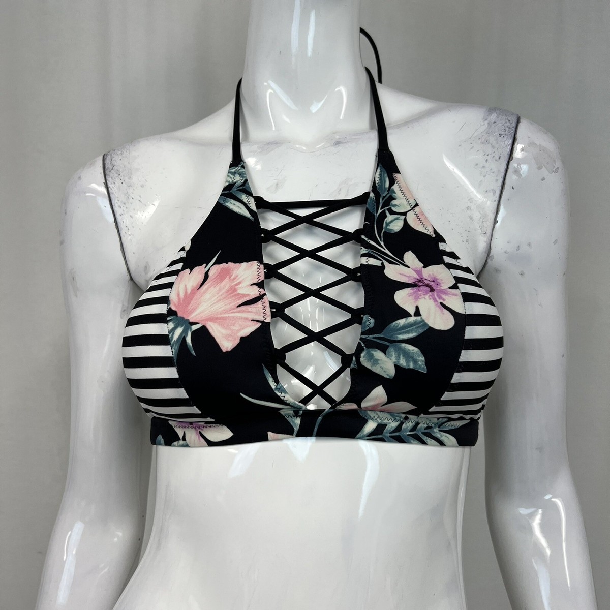 Victoria's Secret PINK XS Lace Up Halter Black White Striped