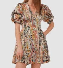 1. State Women's Black Printed Puff-Sleeve Tiered V-Neck Dress Size Small