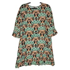 Valija Shift Dress M Multicolor Rayon 3/4 Ruffle Sleeve Hem Retro 60s Mod Boho