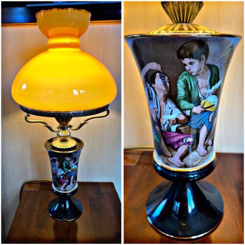 Vintage Tischlampe florentinisches Porzellan Handmade in Italy Bernstein Hurrikan Glas - Bild 1 von 14