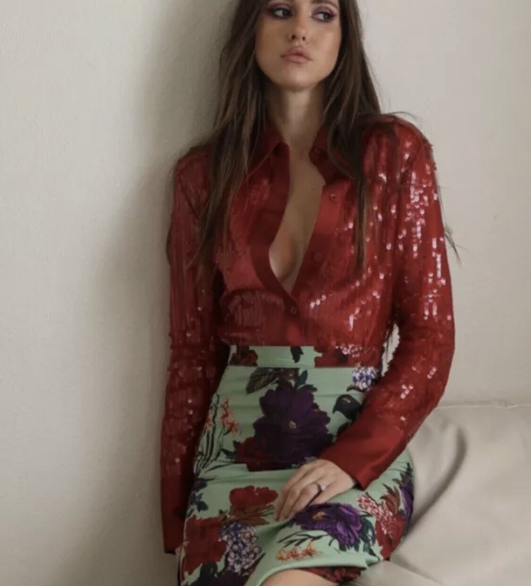 LAST NWT ZARA DARK RED SEQUIN SHIRT BLOUSE 4786/343