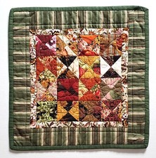 Handmade Cotton Quilted Wall Hanging/Tabletopper 15" Sq Green Gold Red Orange