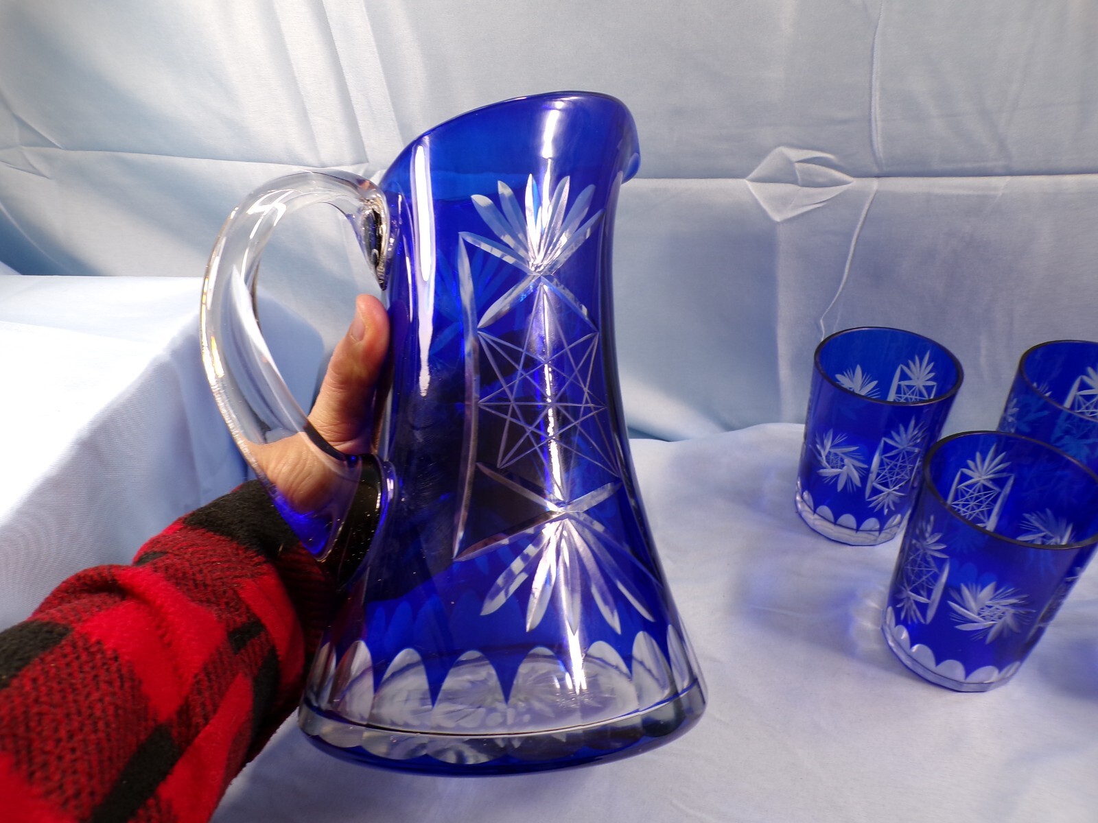 Cobalt Blue Cut to Clear Crystal Water Set - Pitcher & 5 Tumblers