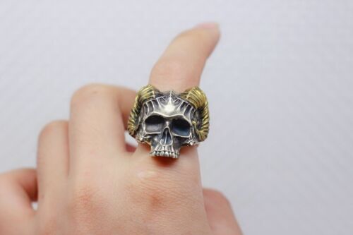 PLATA ESTERLINA 925 Calavera Cabeza de Cabra Hombres Punk Motociclista Anillos Anillo Joyería A5015 - Imagen 2 de 7