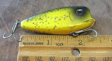 Vintage Wood Yellow and Black Topwater Lure Marked DIZZY WIZ On the Belly