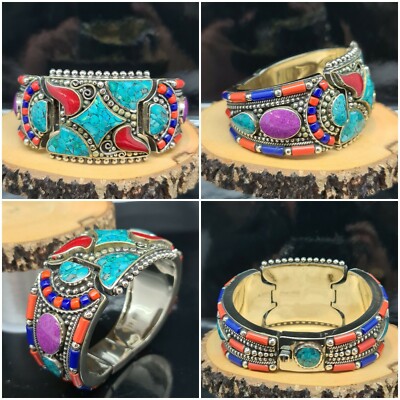 Cuff Bracelet Tibetan Turquoise Coral Bangle Tribal Nepalese CF1 Two 2 Cuff Bracelet Tibetan Turquoise Coral Bangle Tribal Nepalese CF1 Two 2