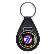 US Army 71st Training Division Veteran Black Leather Keychain Silver Keyring