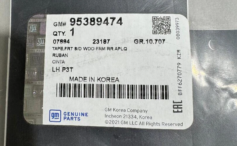 2013-2022 BUICK ENCORE/CHEVY 税前左门遮光胶带 P/N 95389474 原始设备制造商 — 第 3/4 张图片