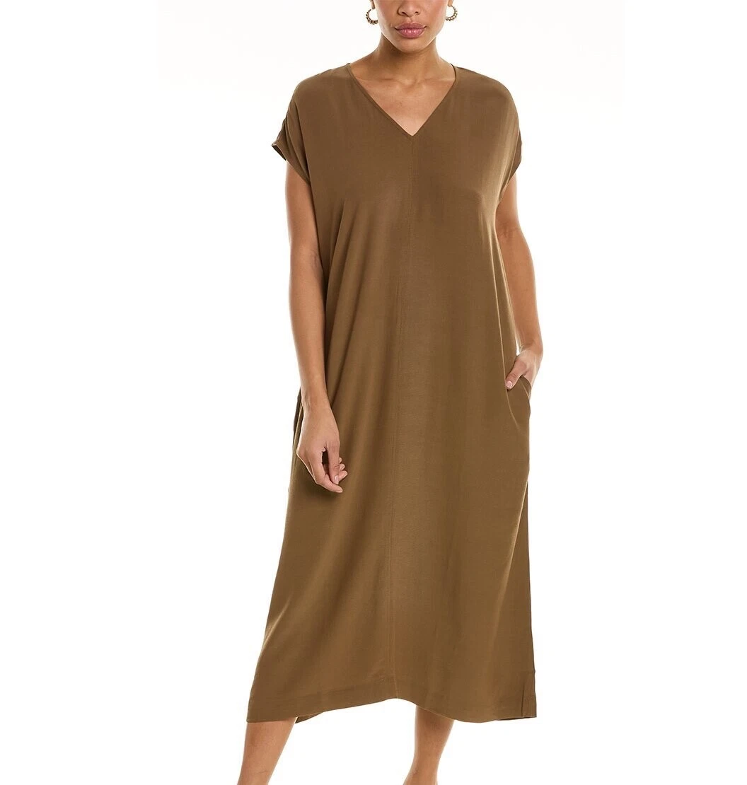 EILEEN FISHER Tencel Viscose V Neck Maxi Dress in Pine Needle Size Medium M