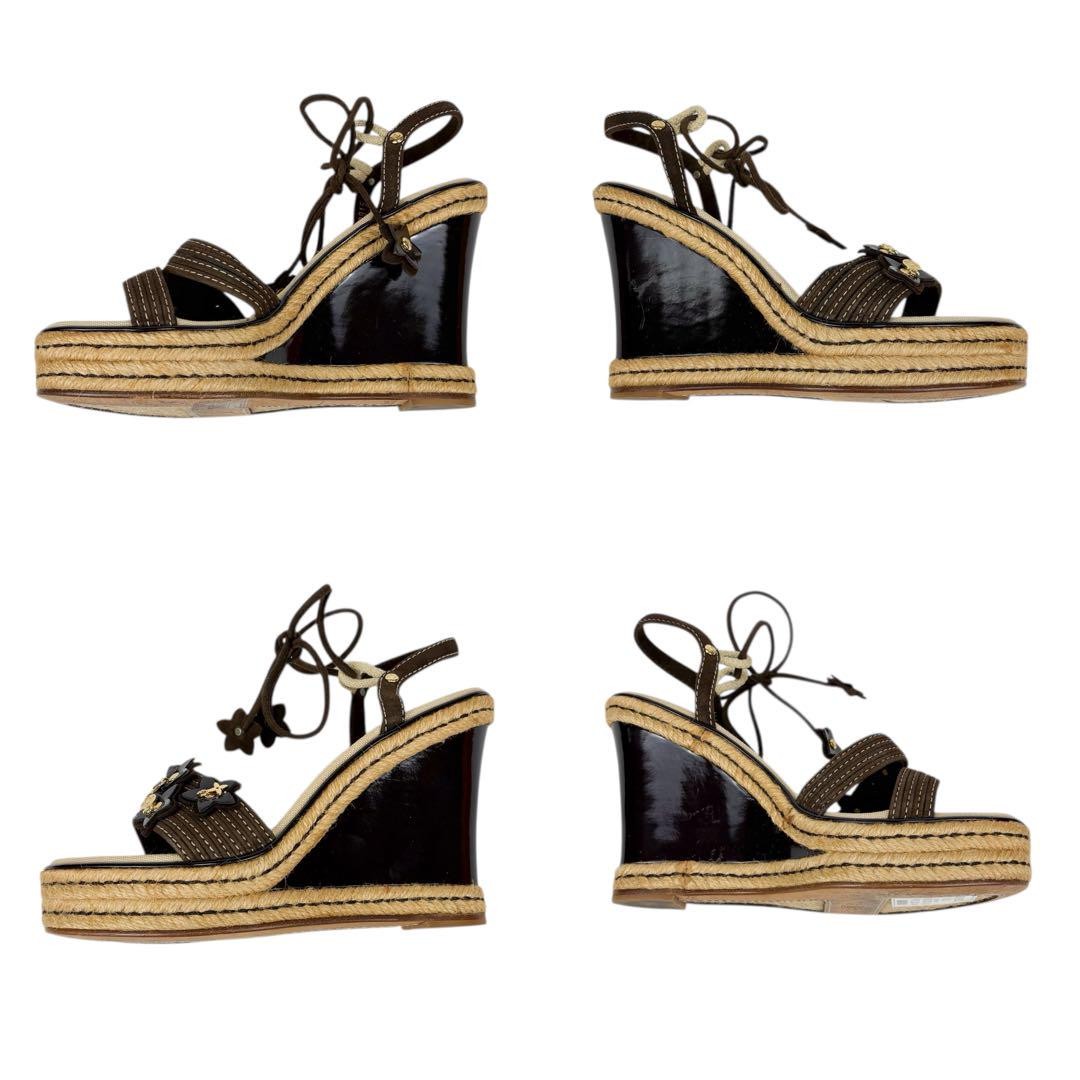 Louis Vuitton Wedge Flower Sandals Brown Leather Size 37 US About6 For Women thumbnail 18