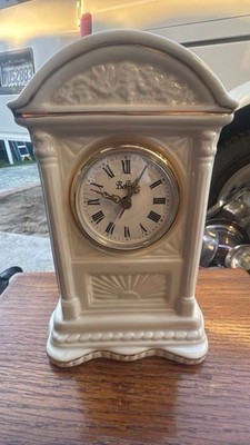 Belleek Porcelain Mantel Clock White Roman Numerals Glossy Dome
