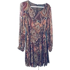 Tommy Hilfiger Women Paisley Print Long Sleeve Belted Dress Size 14 Brown
