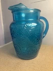Vintage Anchor Hocking Spring Song Embossed Daisy Pitcher Blue 9” High