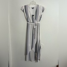 Madison Asymmetrical Faux Wrap Striped Dress - Gray  and White NWT