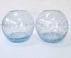 ​Vtg 1980s Blenko Style Hand Blown Light Blue Crackle Glass Rose Bowl Globe Vase