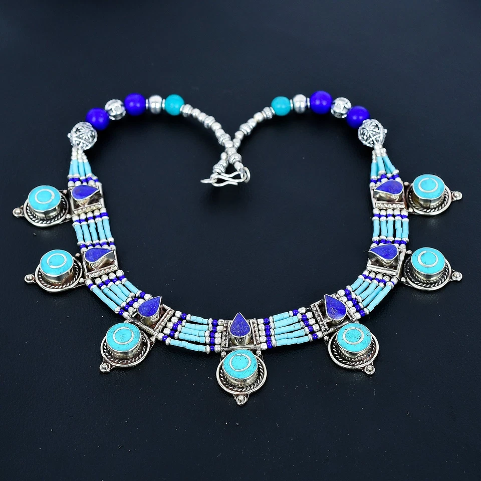 Turquoise Lapis Lazuli Ethnic 925 Sterling Silver Tibetan Nepali Necklace 18" i7 - Image 2 of 4