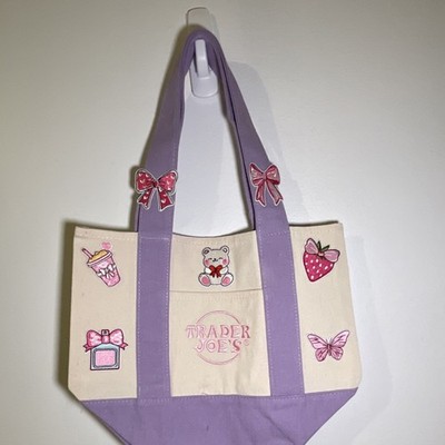 Trader Joe's Purple Beige Pink Tote Bag Applique Patches Bear Bows Open Pockets