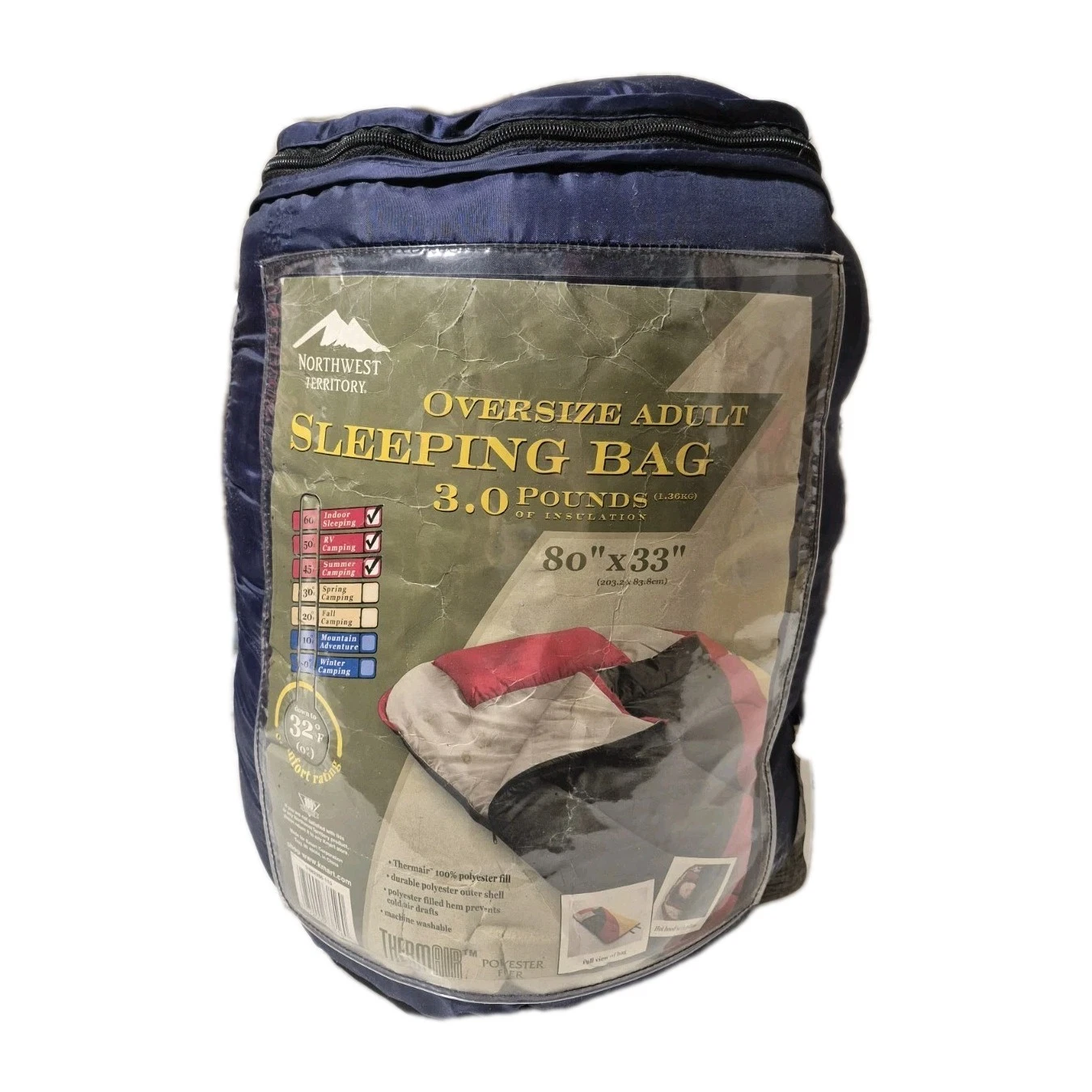 Northwest Territory Oversize Adult Sleeping Bag 32°F 80”x33” 3lb Insulation