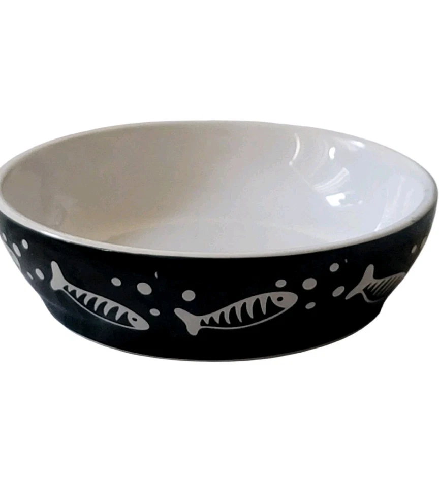 WHISKER CITY BLACK CERAMIC CAT BOWL WHITE FISH  5 in x 2 in E4 - Image 2 of 4
