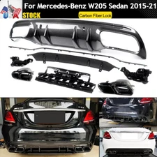 Rear Diffuser+Exhuast Tips For Mercedes W205 Sedan C43 C63 2015-2021 Carbon Look
