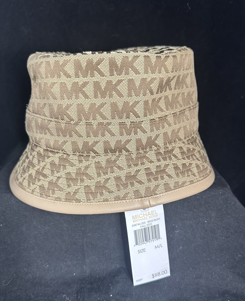 NWT MICHAEL KORS BUCKET HAT BROWN Golden LOGO M/L LEATHER  display picture 1