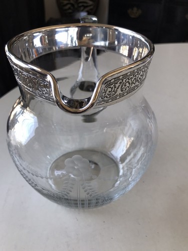 Antique Etched Glass Pitcher with Silver Rim - Picture 4 of 11