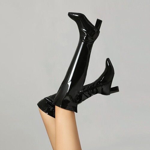 Ladies Patent Leather Over The Knee Boots Thigh High Block Heel Boots Shoes Wome - Bild 15 von 30