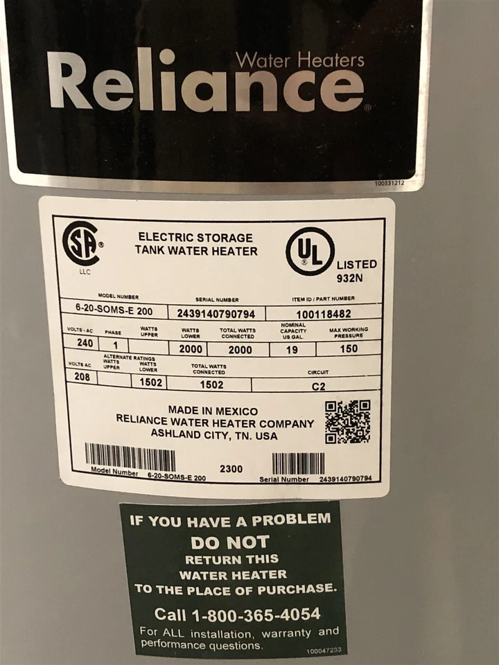 Calentador de agua eléctrico Reliance 4299533 19 gal 2000 Foto 3 de 4