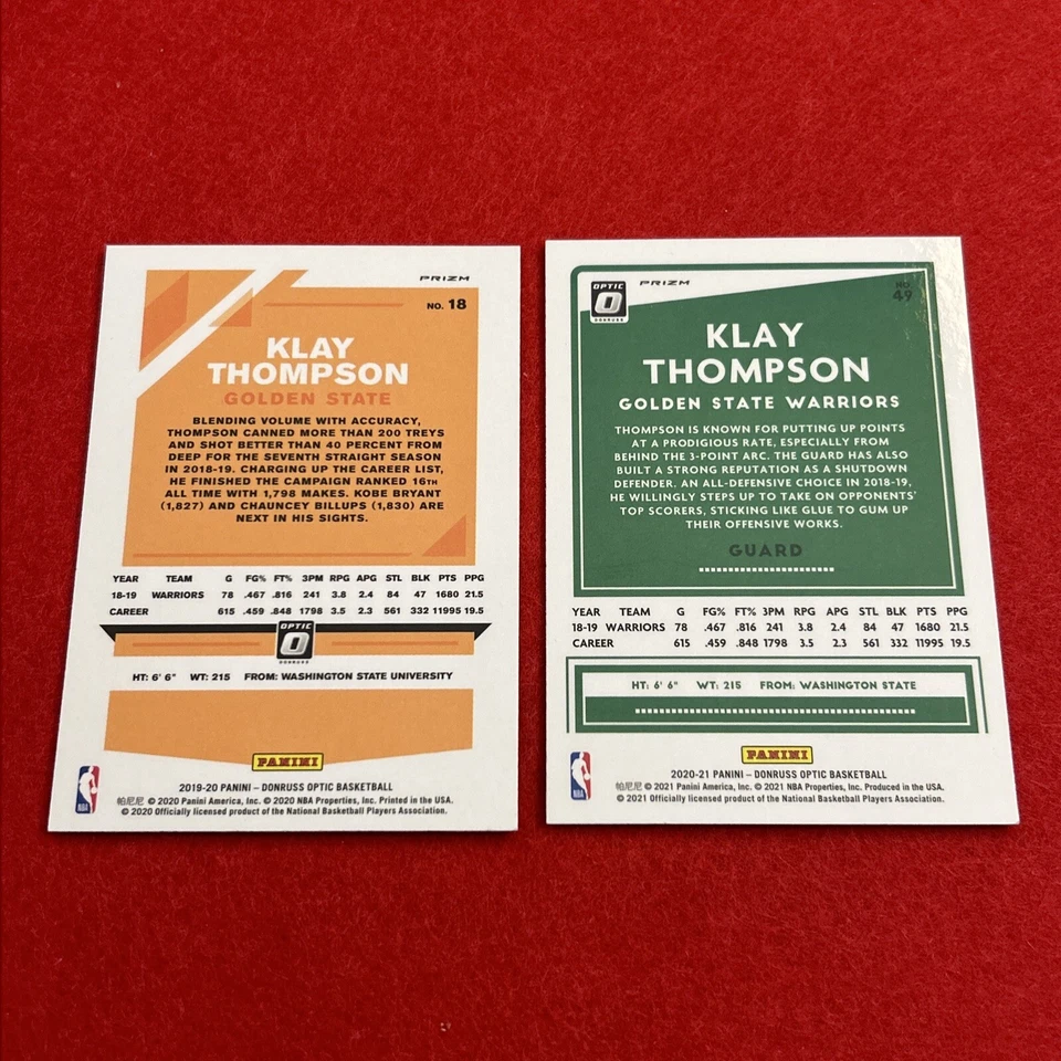 Klay Thompson 2019-20 Optic #18 Fanatics Silver Wave y 2020-21 Optic #49 Hyper Foto 2 de 4