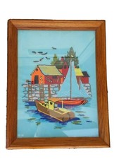 Multicolor nautical ocean marine coast scenic needlepoint framed glass 18 x 14.5