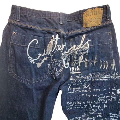 Artful Dodger Jeans 35x31 Embroidered Skeleton Knives Denim Baggy Y2K Skater Men - Picture 11 of 19