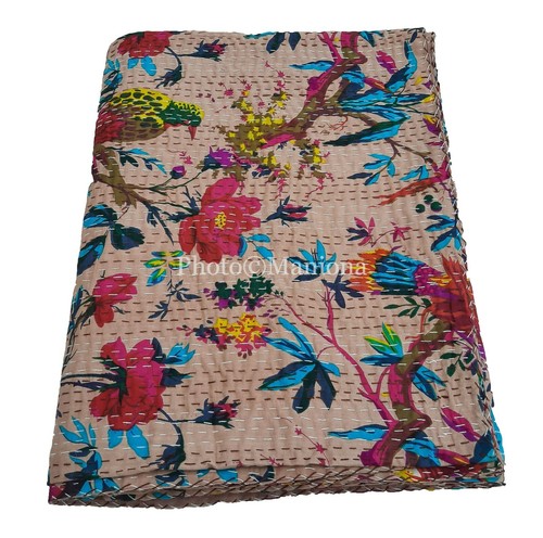 Manta de colcha hecha a mano con estampado de pájaro Kantha edredón algodón indio - Imagen 5 de 22