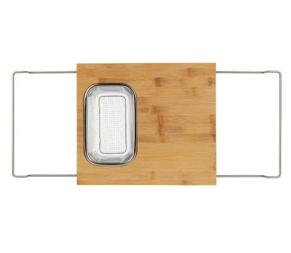 Over The Sink Bamboo Cutting Board Expandable Removable Strainer Wash Tray - Image 3 of 4