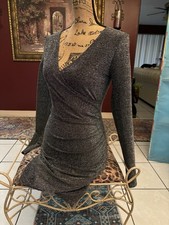 Forever 21 Black Silver Metallic Ruched Sheath Mini Dress V-Neck Long Sleeve S
