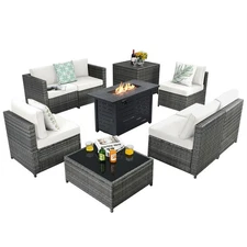 9 PCS Wicker Sofa Rattan Dinning Set w/ Propane Gas Fire Pit  60,000 Btu Heater