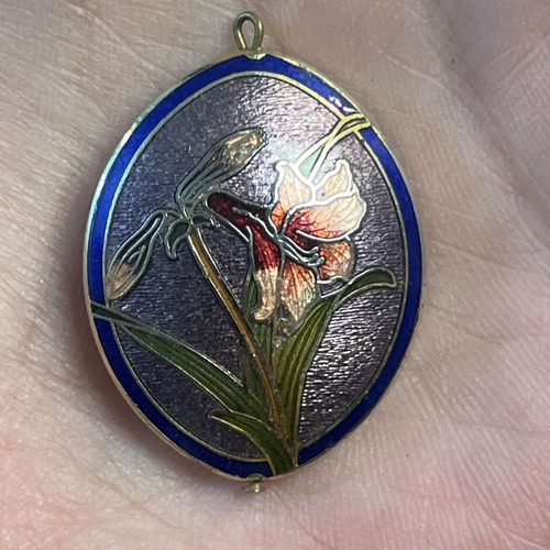Vtg Cloisonne Iris Purple Drop Pendant Floral Double Sided Enamel Gold Tone 1.5" - Picture 5 of 5