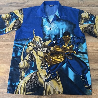 Bignd Anime Graphic Button Up Shirt Ninja Fighter Large Blue VTG Y2K Men s