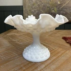White Fenton Hobnail Milk Glass Pedestal Bowl with Ruffled Rim 5.5 Tall