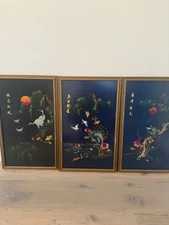 Set of 3 Vintage Chinese Framed Embroidered Silk Tapestries – Birds & Flowers