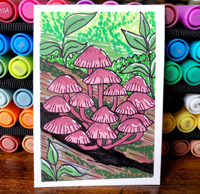 ACEO Original Art Card Forest Landscape Mushroom Cluster Fungi OOAK  2.5X 3.5