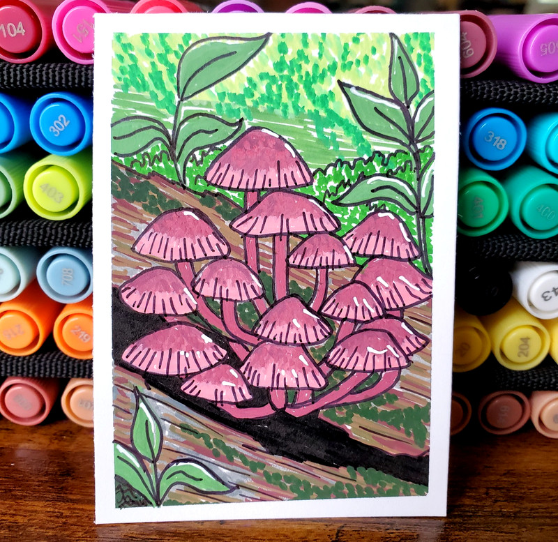 ACEO Original Art Card Forest Landscape Mushroom Cluster Fungi OOAK  2.5X 3.5