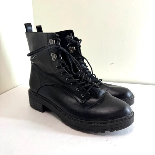 Black Combat Lace Up Ankle Boots Moto Solid Biker Gothic Grunge Faux Leather 11
