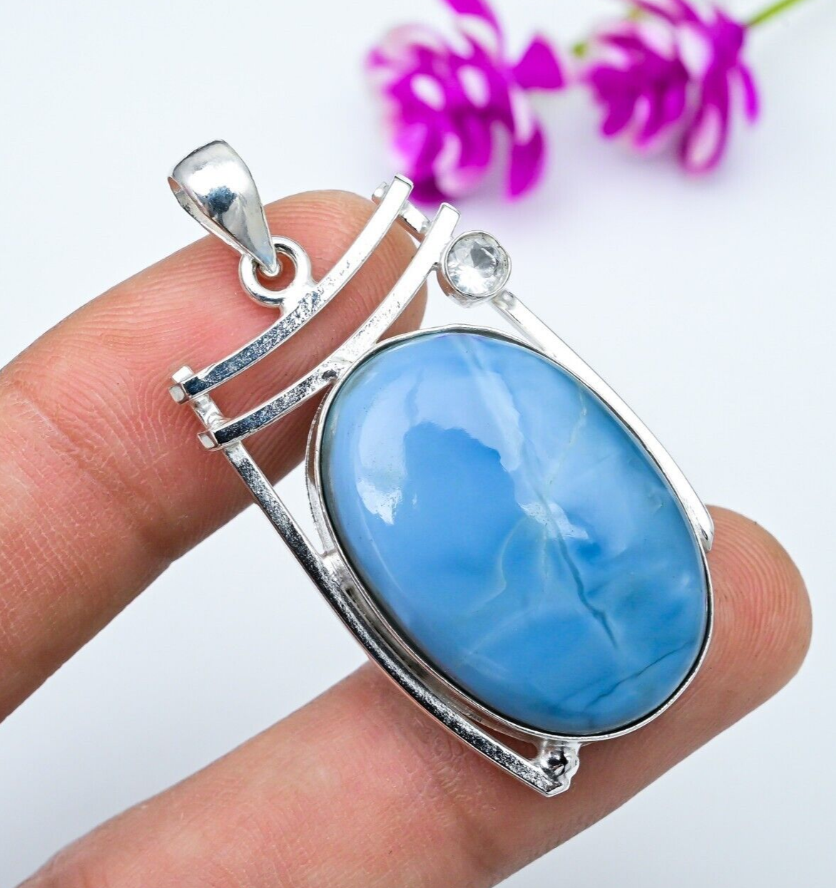 Owyhee Opal Gemstone Pendant White Topaz Pendant 925 Sterling Silver Jewelry