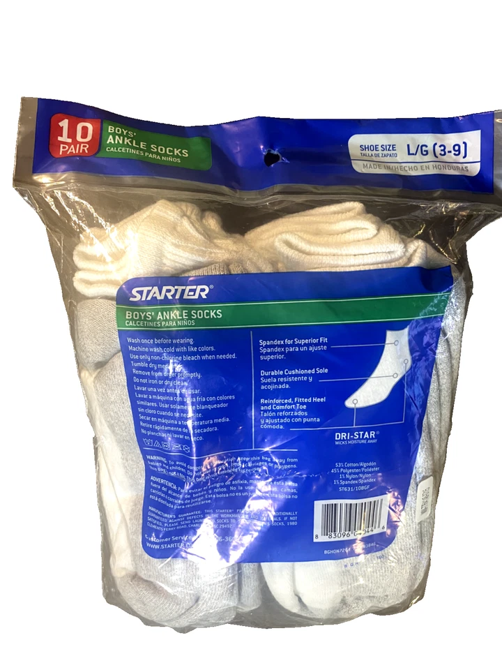 Starter Boys Shoe Size 3-9 Large Ankle Socks 10 Pair White New - Image 2 of 4