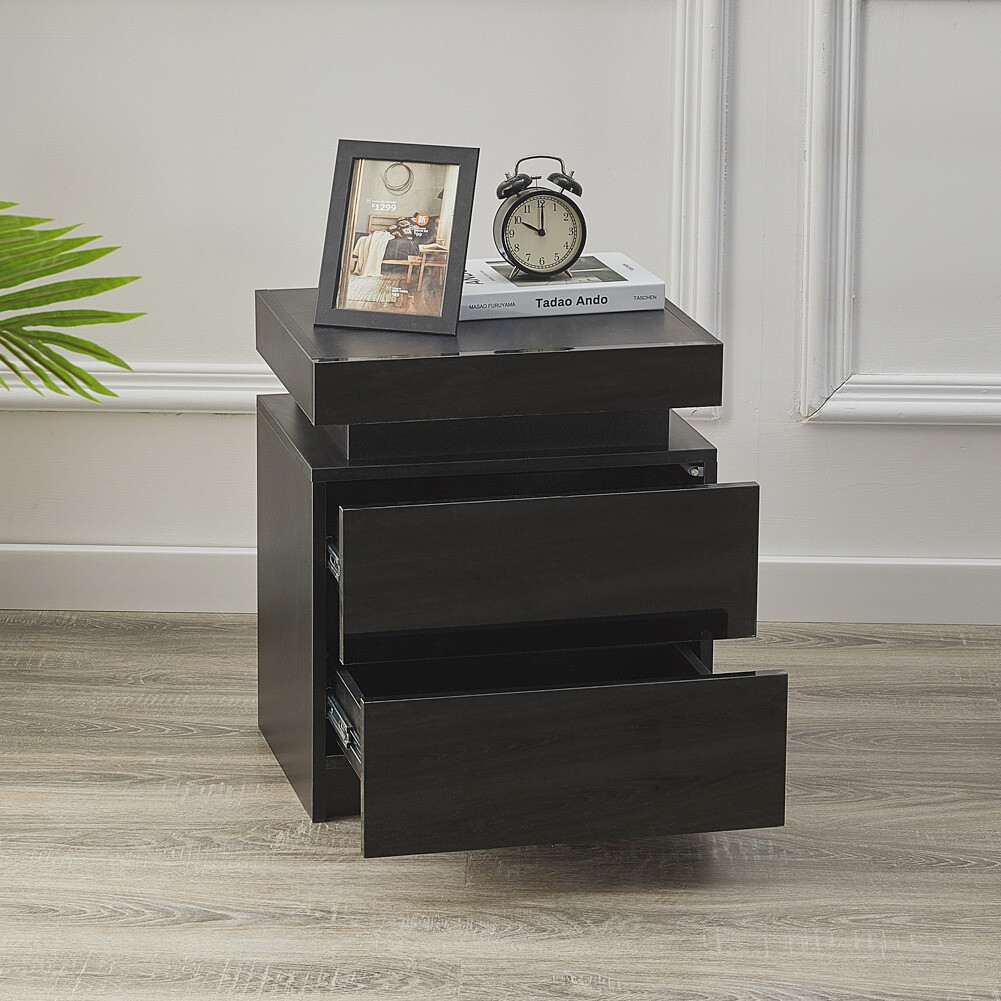 Modern Nightstand Bedside Table W/ 2 Drawer High Gloss White Black New