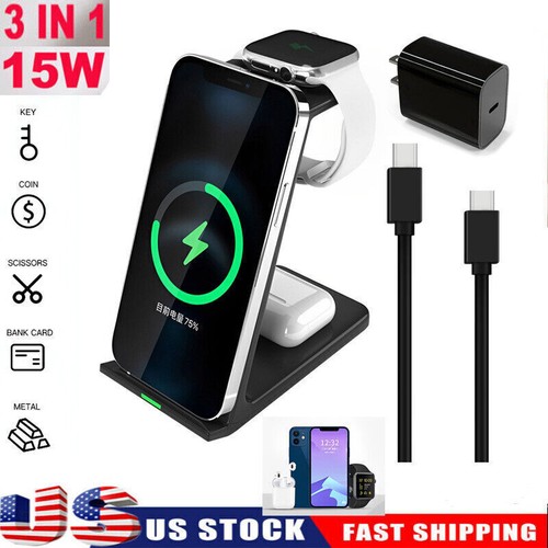 3-IN-1 15W 3A Wireless Charger Charging Dock Stand for iPhone Airpods iWatch - Afbeelding 1 van 12