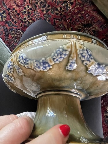 ANTIQUE ROYAL DOULTON FOOTED COMPOTE SWAG & BOWS MOTTLED BROWN & BLUE WASH 1920 - Picture 17 of 23