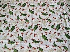 Vintage Christmas Fabric Holly Leaf Berry Gold White Cotton 44"x28" OOP