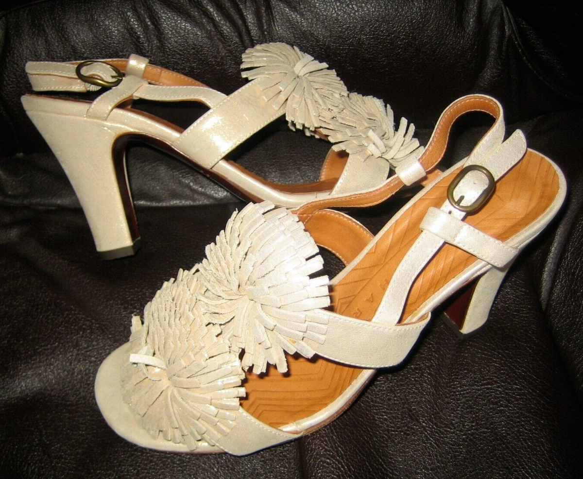 CHIE MIHARA LEATHER SANDALS IN SILVER SHIMMER POM POM